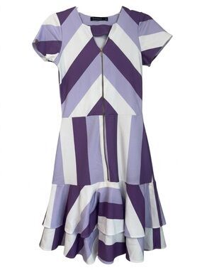 Thais Rodrigues Purple Stripe Zip-Front Ruffle Hem Midi Dress - Size M